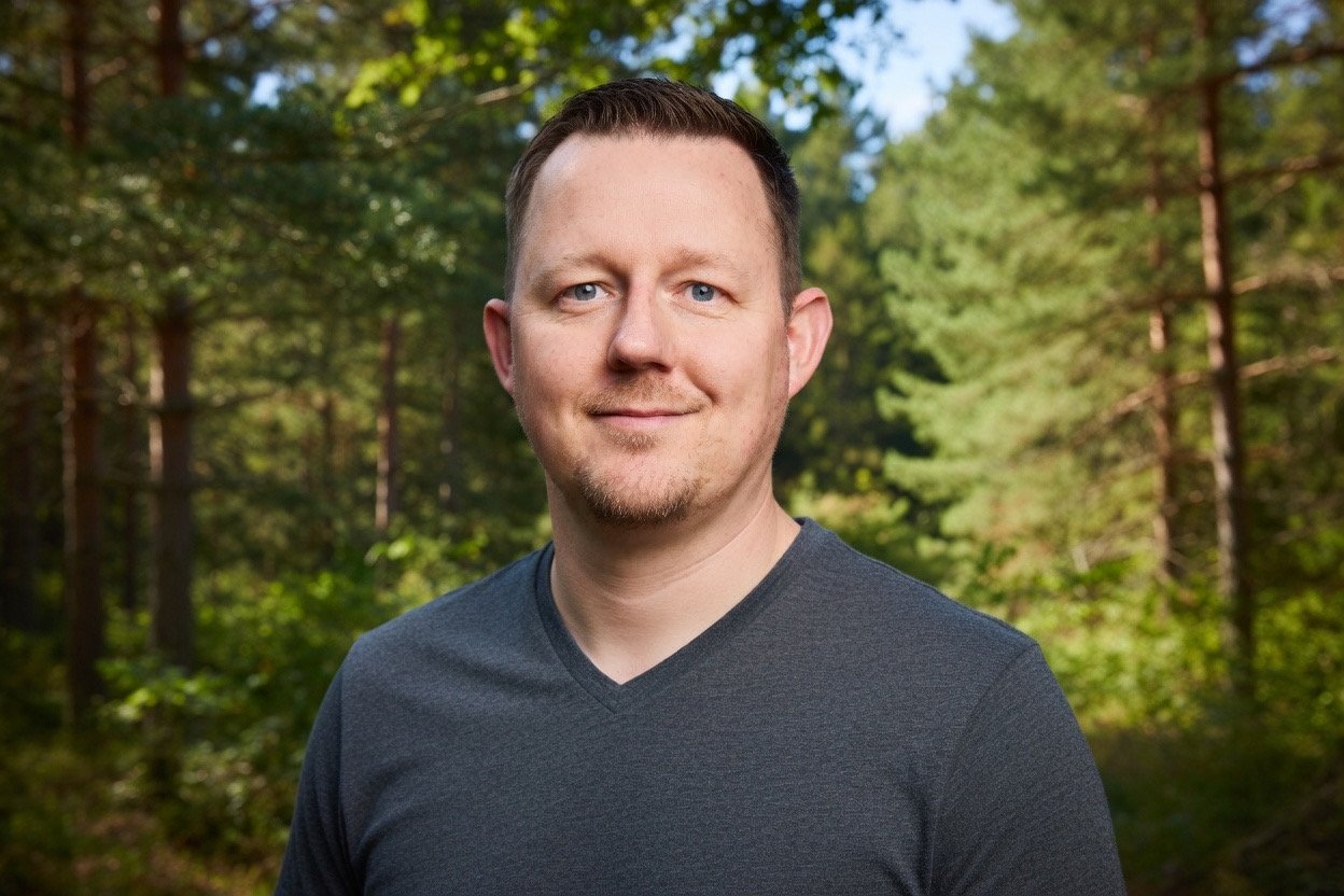 Clif, founder of Clif's Natural Remedies, in a pine forest