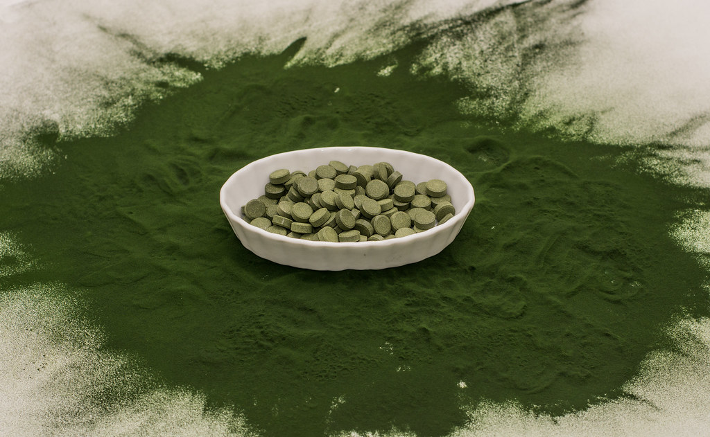 A dish of green chlorella tablets sitting on green chlorella powder