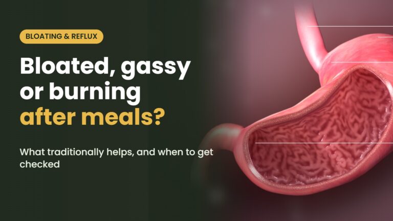 Illustration of the stomach with the headline: Bloated, gassy or burning after meals? What traditionally helps, and when to get checked