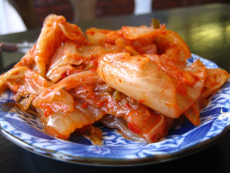 A plate of red napa cabbage kimchi