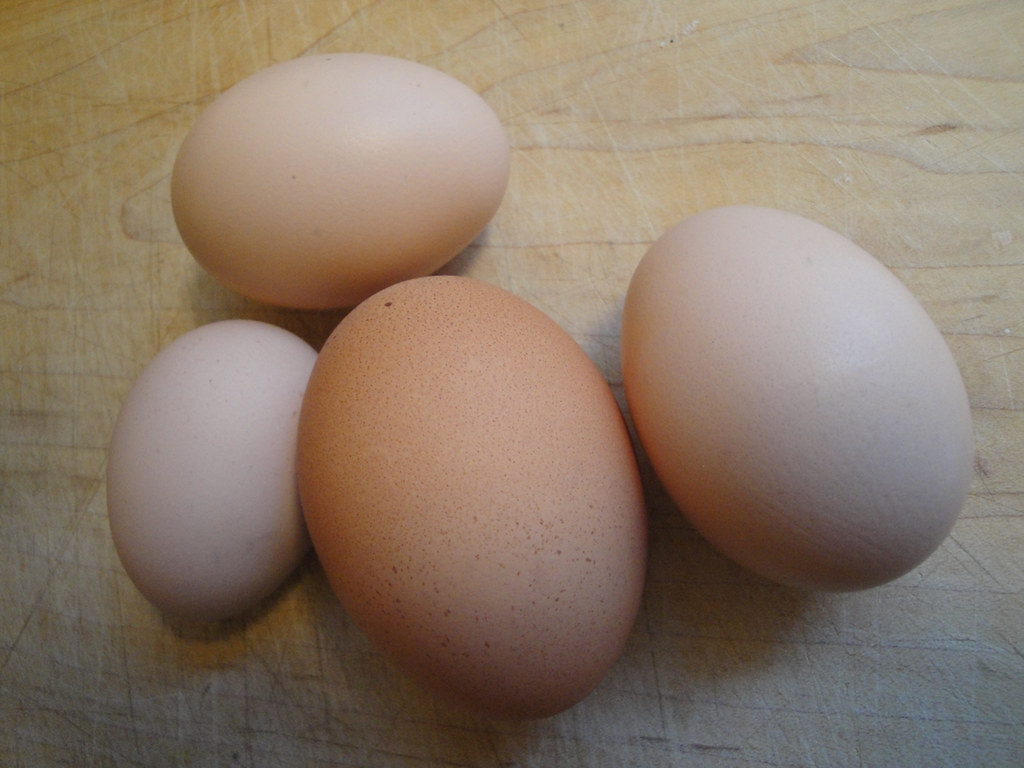 Close-up of several brown and white eggs