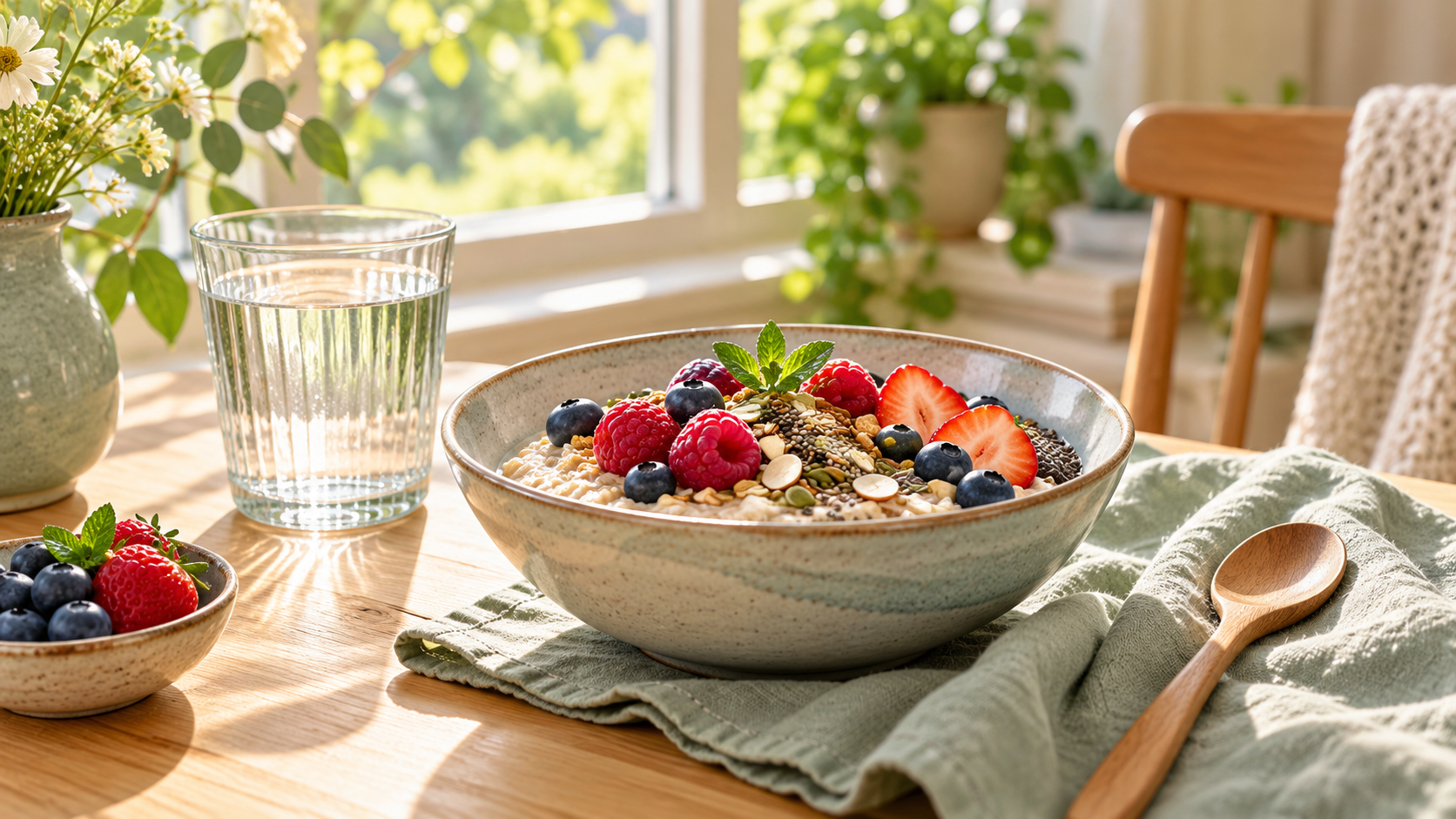 Oats and berries with a glass of water for a gentle morning routine