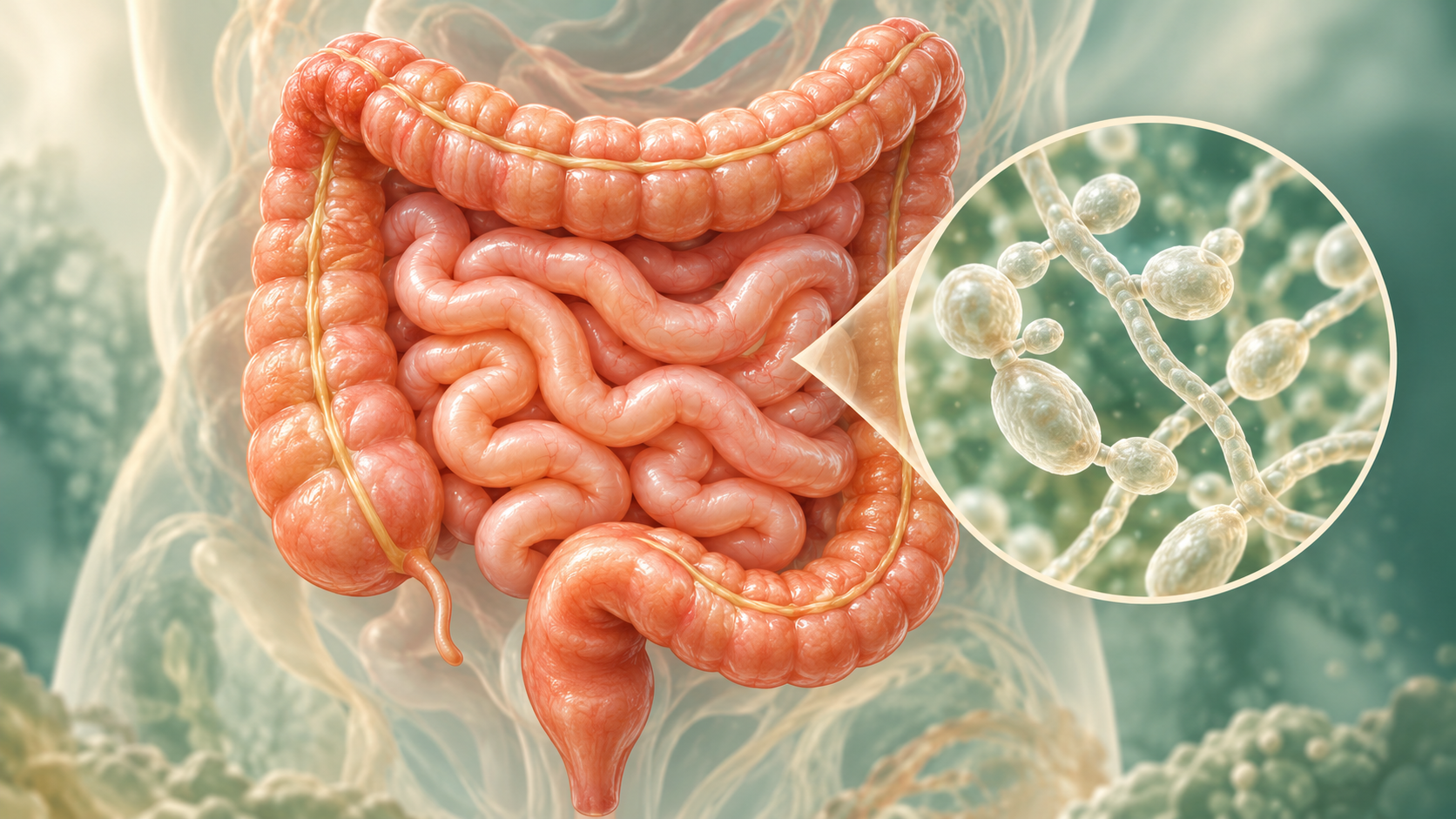 Illustration of intestines with a magnified view of Candida yeast