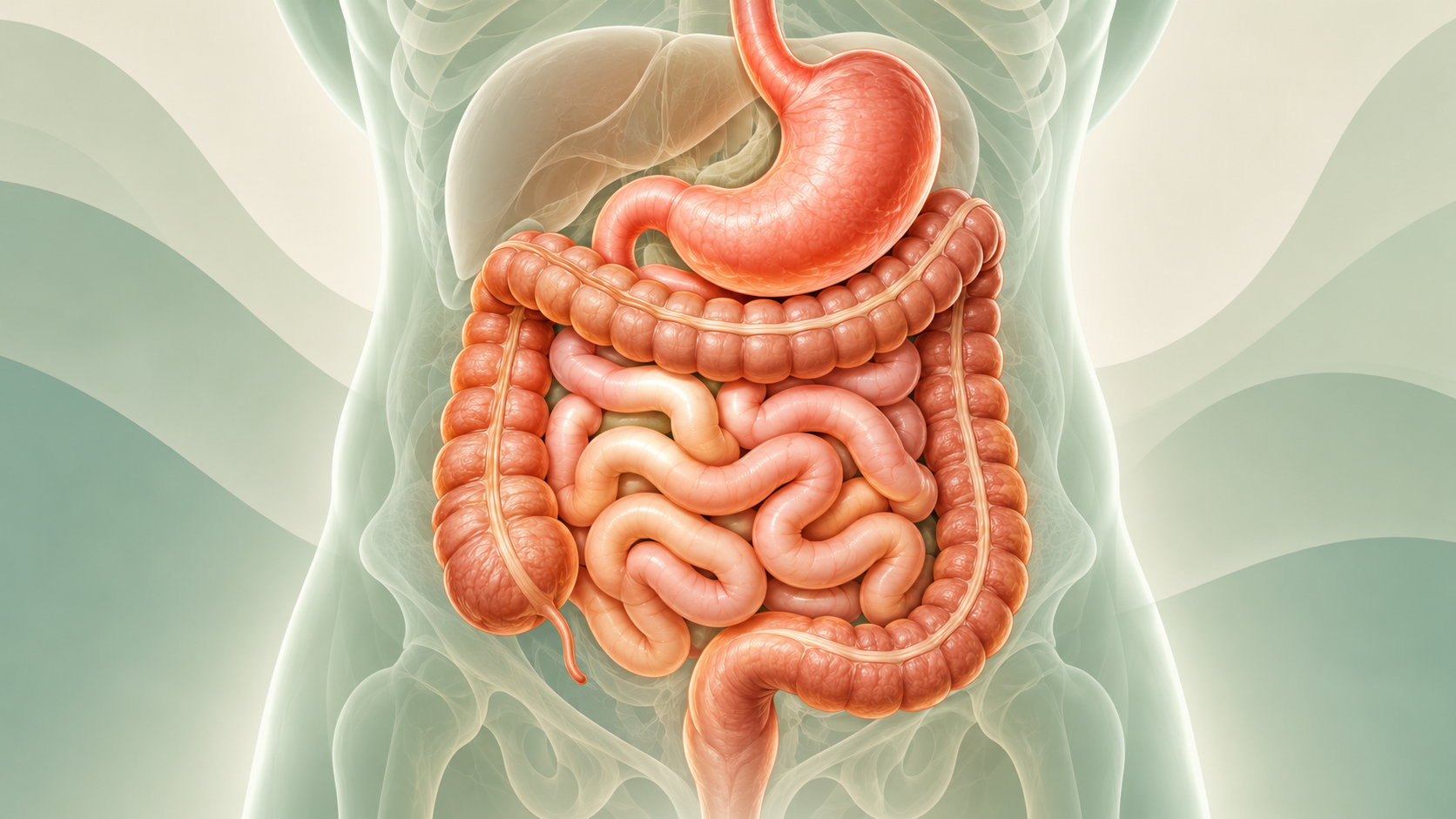 Illustration of the stomach, small intestine and colon