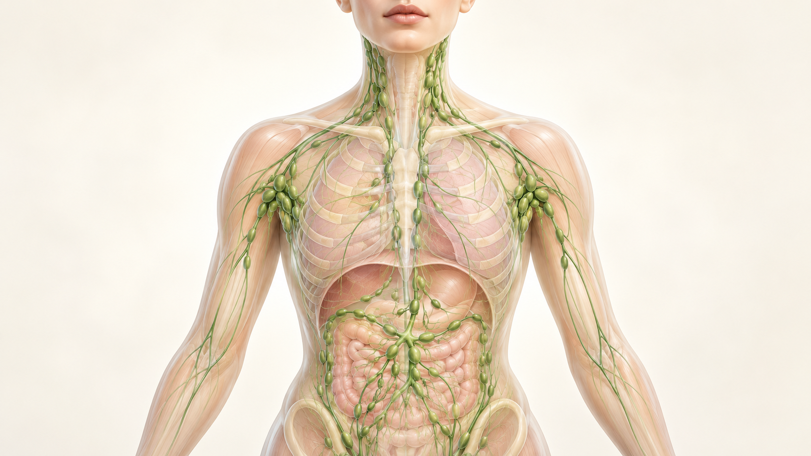 Illustration of lymphatic vessels and lymph nodes in the upper body