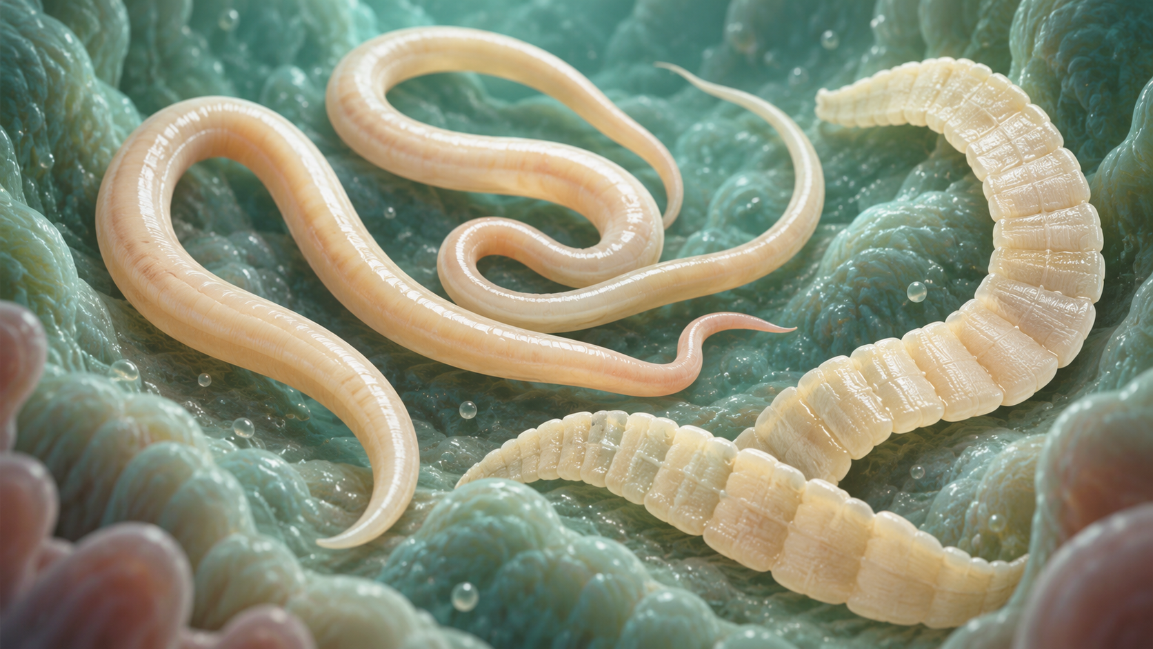 Illustration of roundworms and a segmented tapeworm