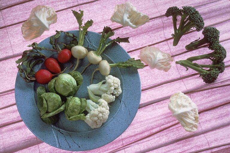 A plate of cruciferous vegetables: radishes, broccoli, cauliflower, kohlrabi and others