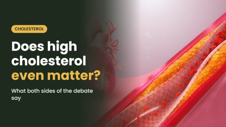 Coronary artery illustration with the headline: Does high cholesterol even matter? What both sides of the debate say