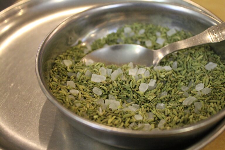 A bowl of fennel seeds with sugar crystals, the after-meal digestive served in India