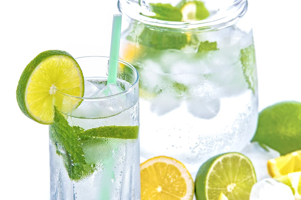 A glass of water with lemon and lime slices