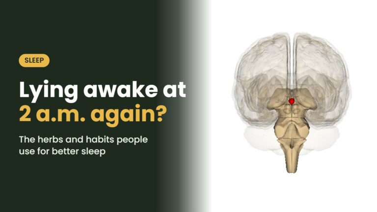 Brain and pineal gland illustration with the headline: Lying awake at 2 a.m. again? The herbs and habits people use for better sleep
