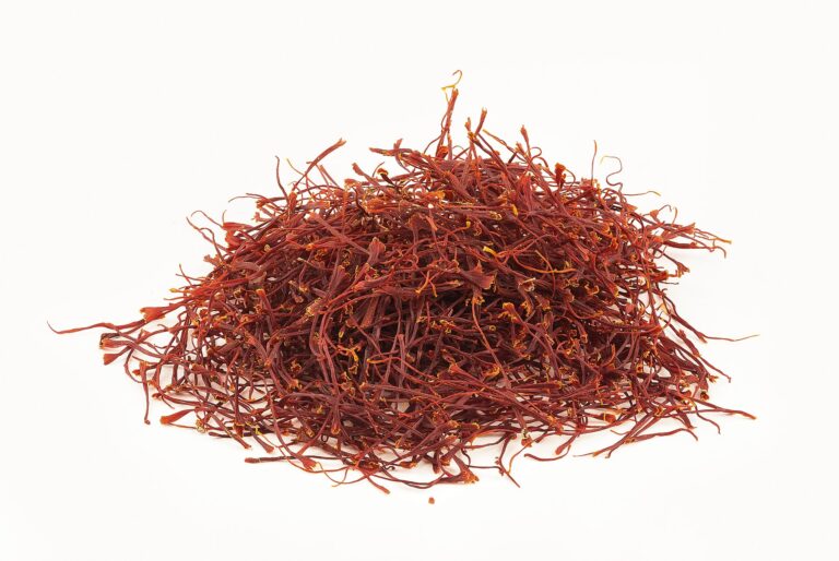 A pile of dried red saffron threads