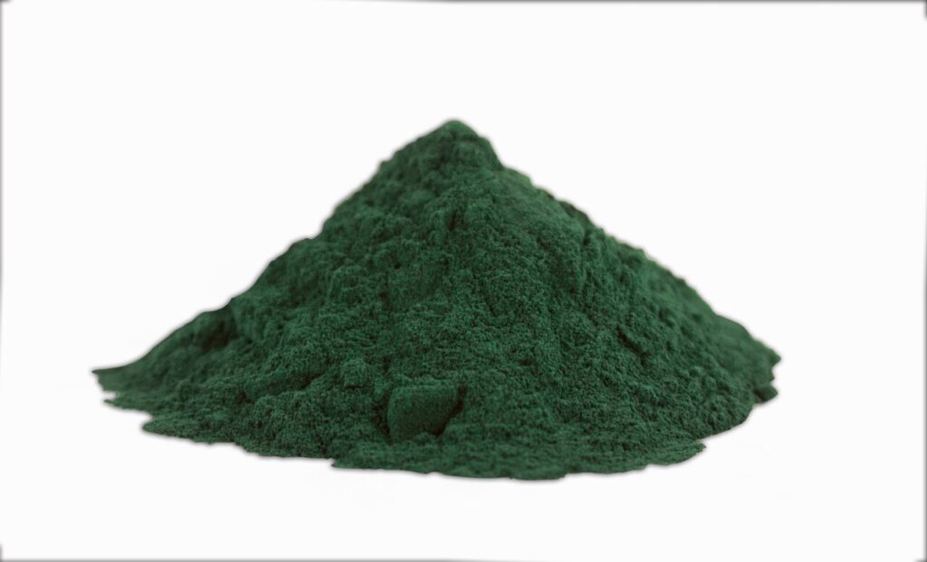 A small mound of dark blue-green spirulina powder