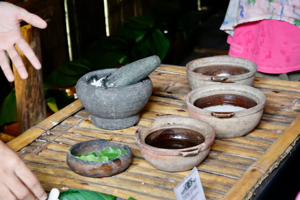 Mortar and pestle with bowls of herbal ingredients
